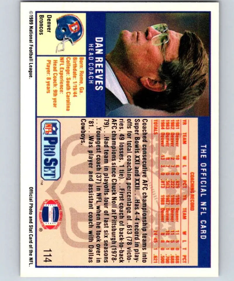 1989 Pro Set #114 Dan Reeves EX Excellent Denver Broncos Football Card - Football Card Single