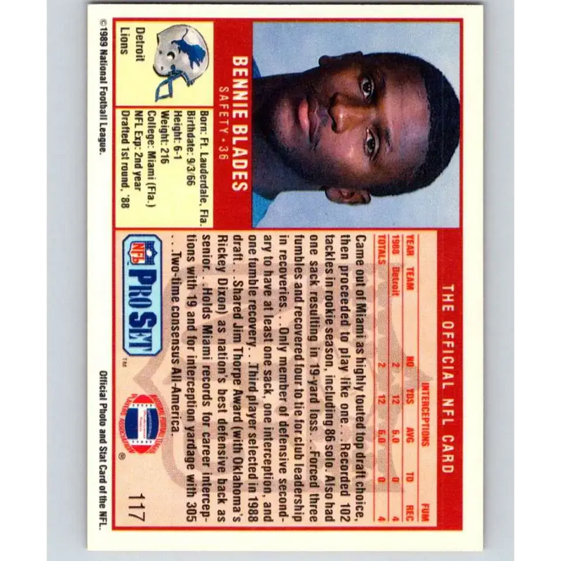 1989 Pro Set #117 Bennie Blades NM-MT RC Rookie Detroit Lions Football Card - Football Card Single