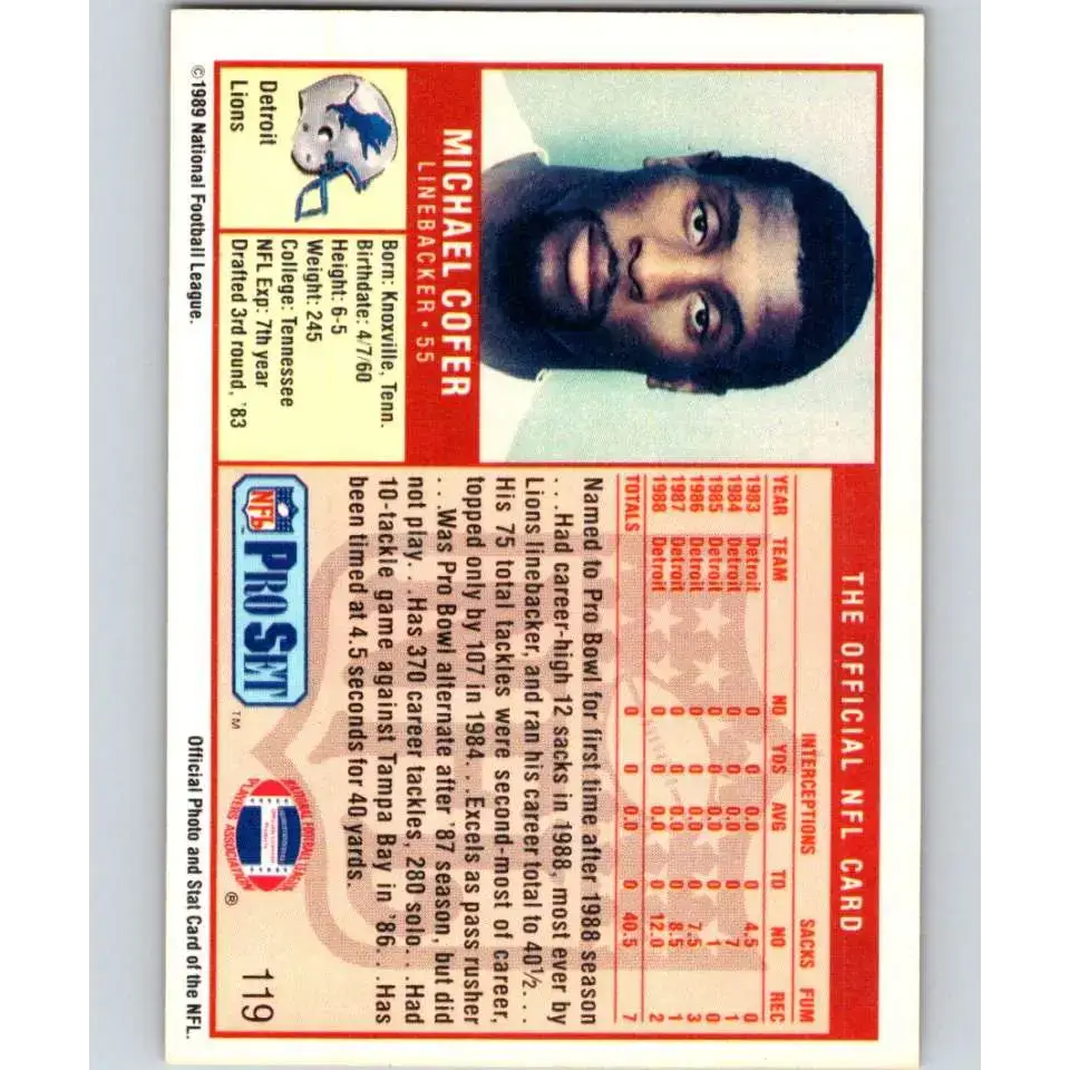 1989 Pro Set #119 Michael Cofer NM-MT Detroit Lions Football Card - Football Card Single