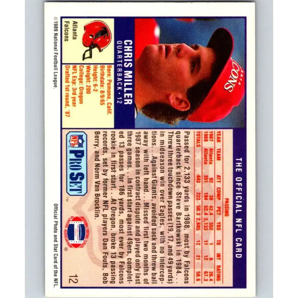 1989 Pro Set #12 Chris Miller NM-MT RC Rookie Atlanta Falcons Football Card