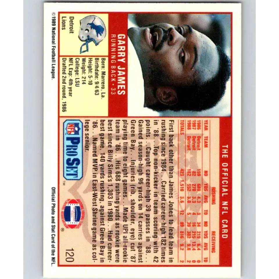 1989 Pro Set #120 Garry James NM-MT Detroit Lions Football Card - Football Card Single