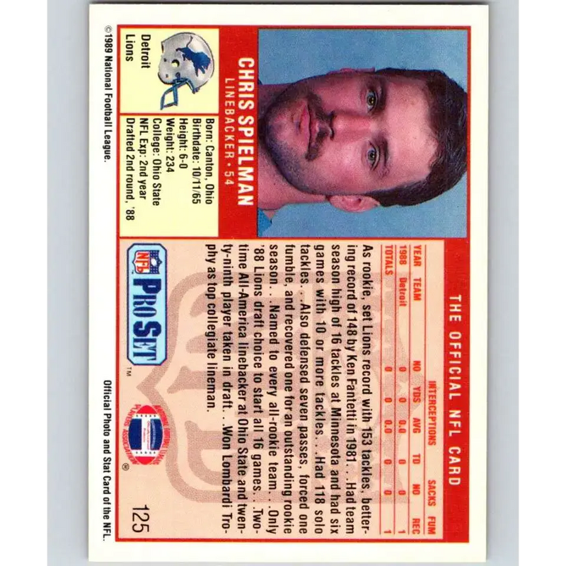 1989 Pro Set #125 Chris Spielman NM-MT RC Rookie Detroit Lions Football Card - Football Card Single