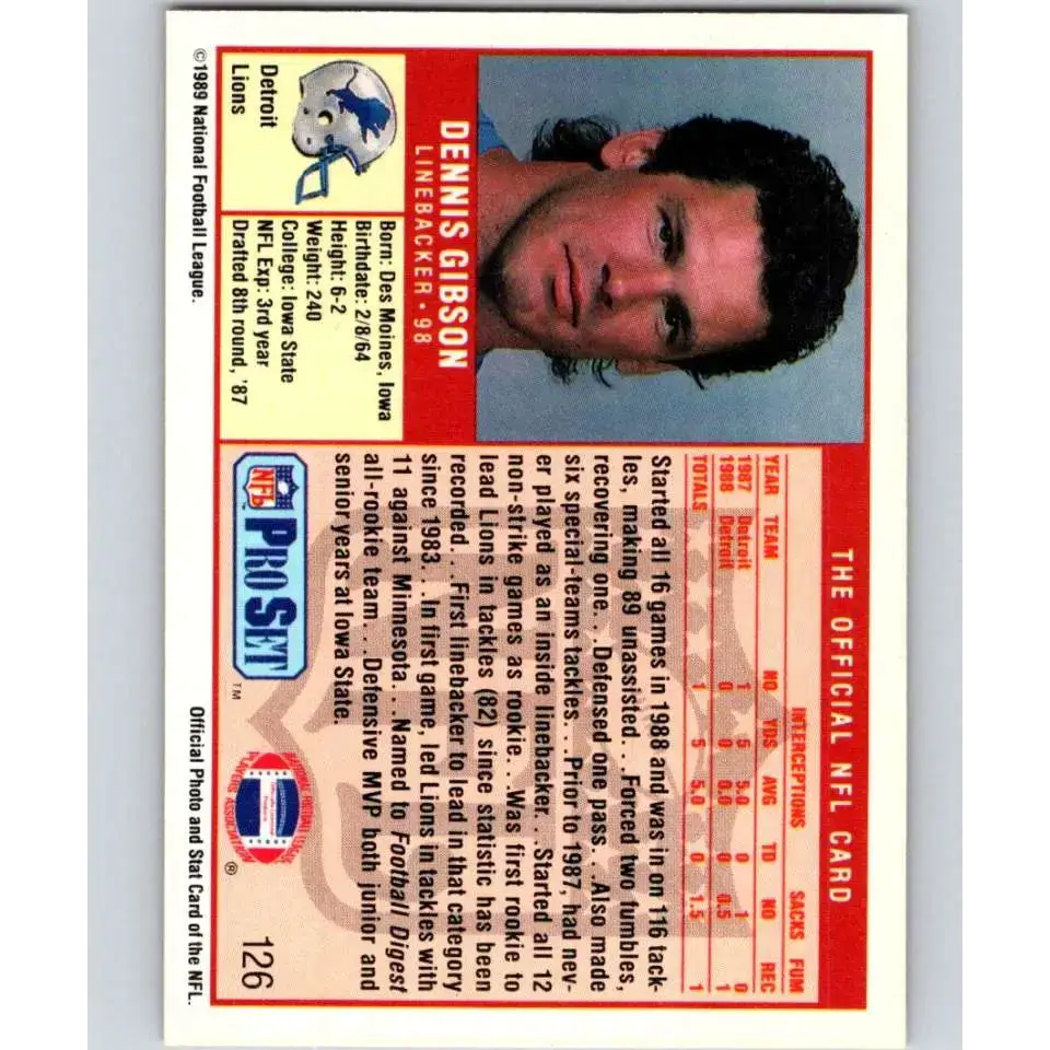 1989 Pro Set #126 Dennis Gibson NM-MT Detroit Lions Football Card - Football Card Single