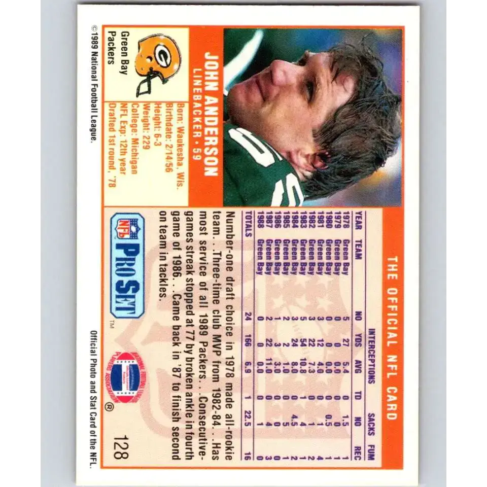 1989 Pro Set #128 John Anderson NM-MT Green Bay Packers Football Card - Football Card Single