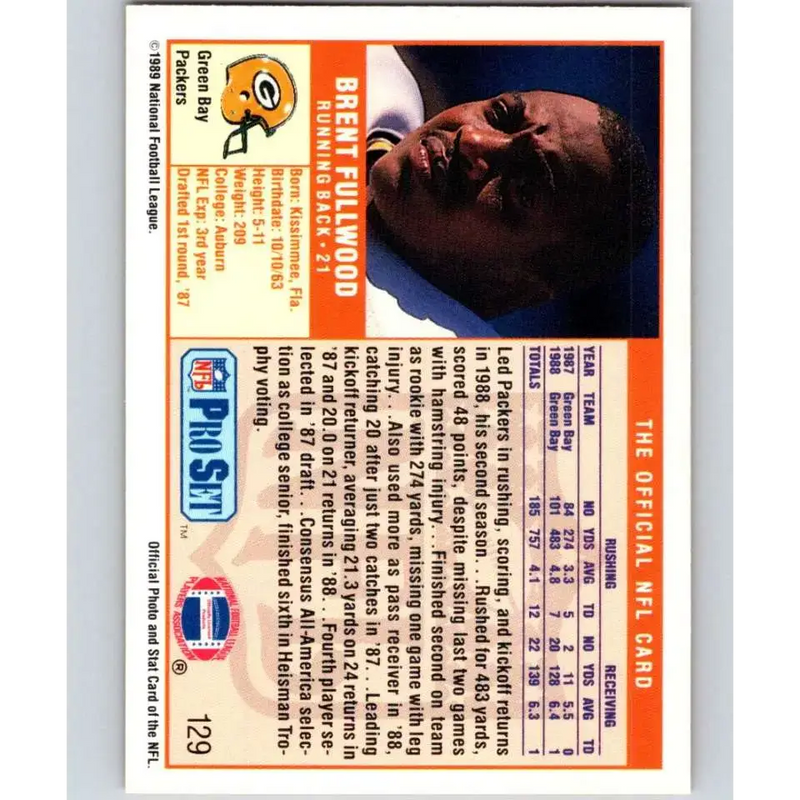 1989 Pro Set #129 Brent Fullwood NM-MT RC Rookie Green Bay Packers Football Card - Football Card Single