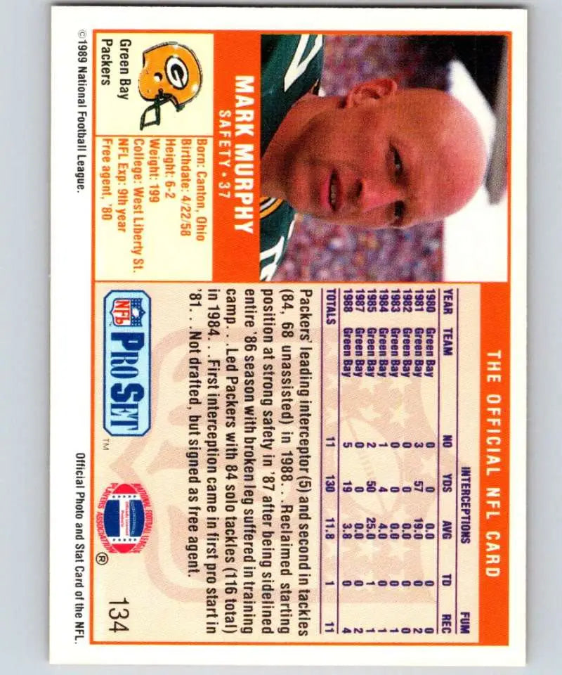1989 Pro Set #134 Mark Murphy EX Excellent Green Bay Packers Football Card - Football Card Single