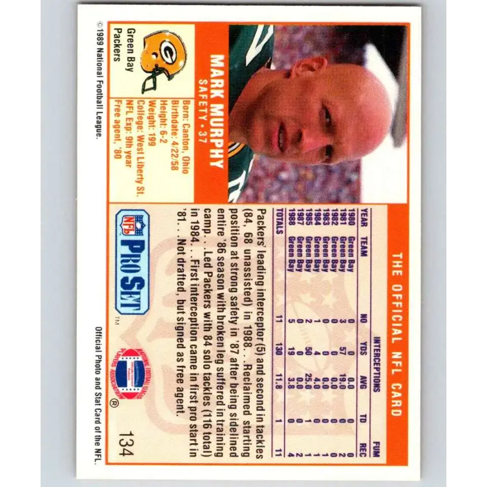 1989 Pro Set #134 Mark Murphy NM-MT Green Bay Packers Football Card - Football Card Single