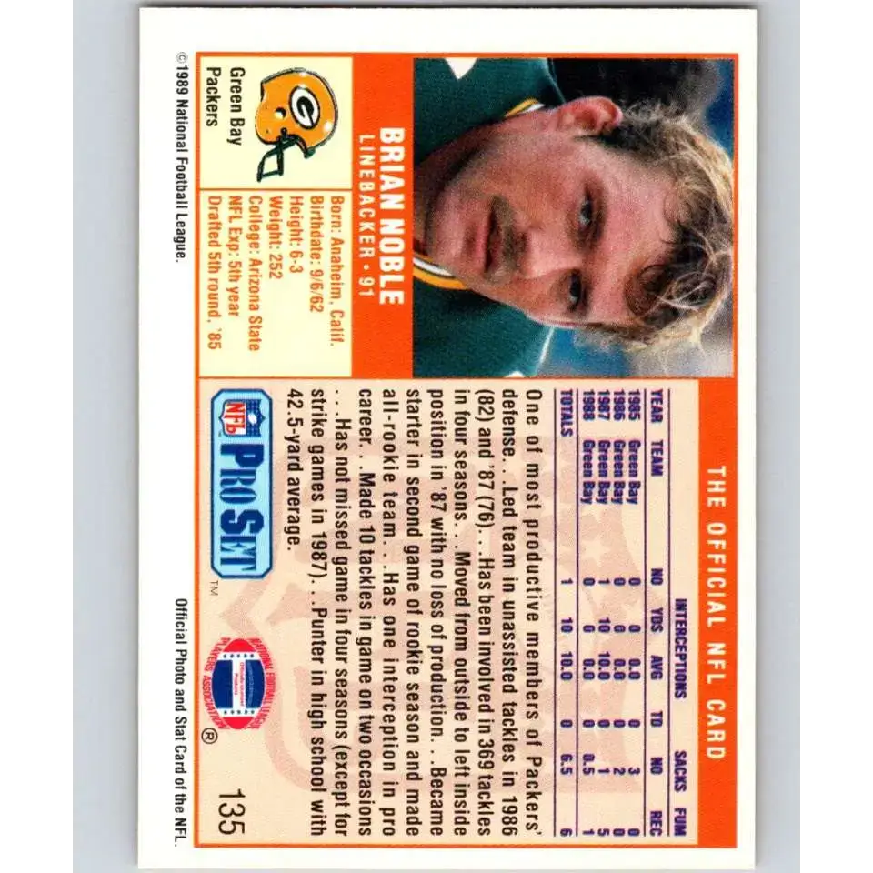 1989 Pro Set #135 Brian Noble NM-MT Green Bay Packers Football Card - Football Card Single