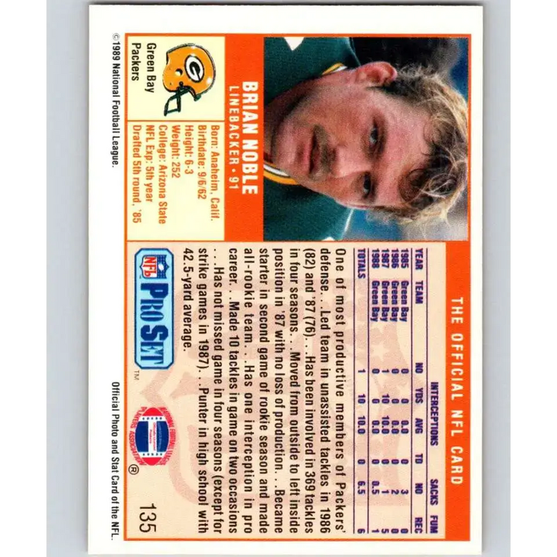 1989 Pro Set #135 Brian Noble NM-MT Green Bay Packers Football Card - Football Card Single