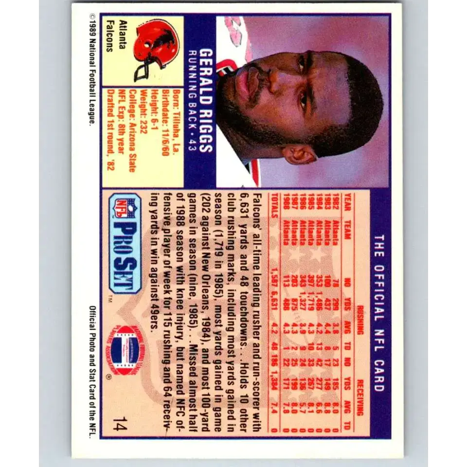 1989 Pro Set #14 Gerald Riggs UER NM-MT Atlanta Falcons Football Card - Football Card Single