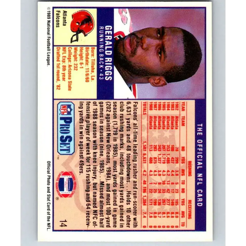 1989 Pro Set #14 Gerald Riggs UER NM-MT Atlanta Falcons Football Card - Football Card Single