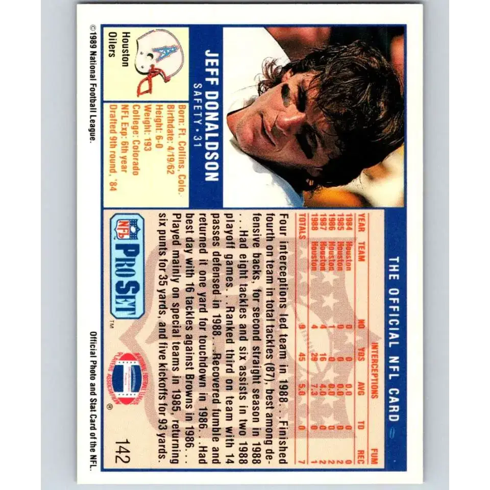1989 Pro Set #142 Jeff Donaldson NM-MT Houston Oilers Football Card