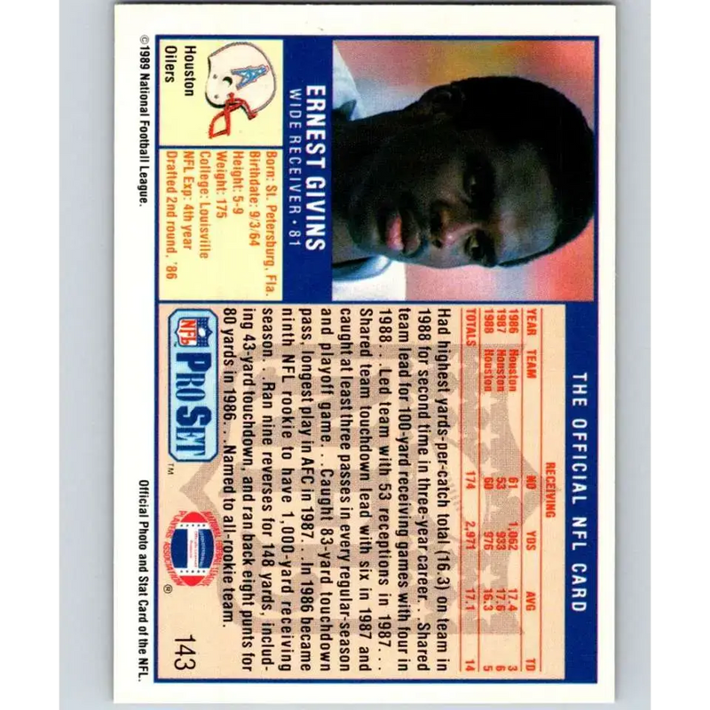 1989 Pro Set #143 Ernest Givins NM-MT Houston Oilers Football Card - Football Card Single