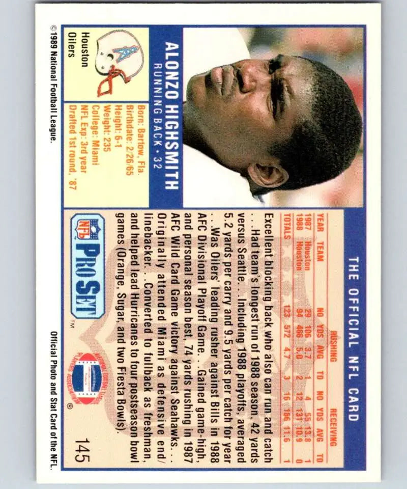 1989 Pro Set #145 Alonzo Highsmith EX Excellent Houston Oilers Football Card - Football Card Single