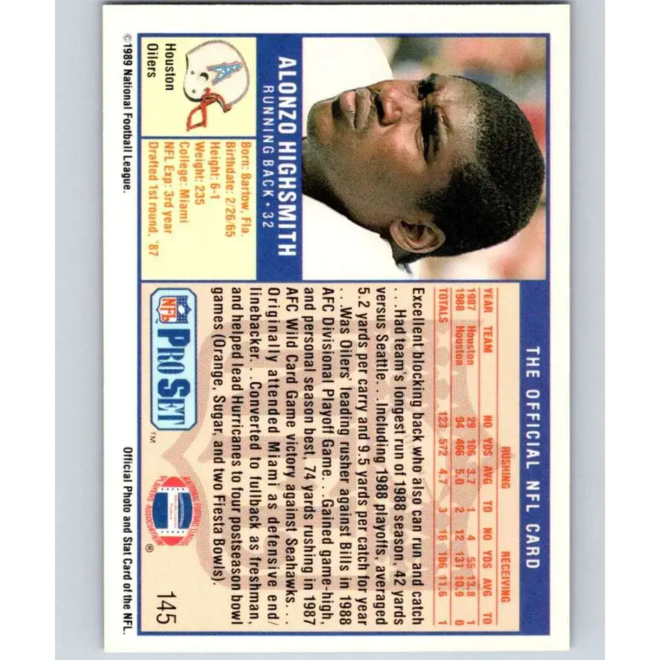 1989 Pro Set #145 Alonzo Highsmith NM-MT Houston Oilers Football Card - Football Card Single