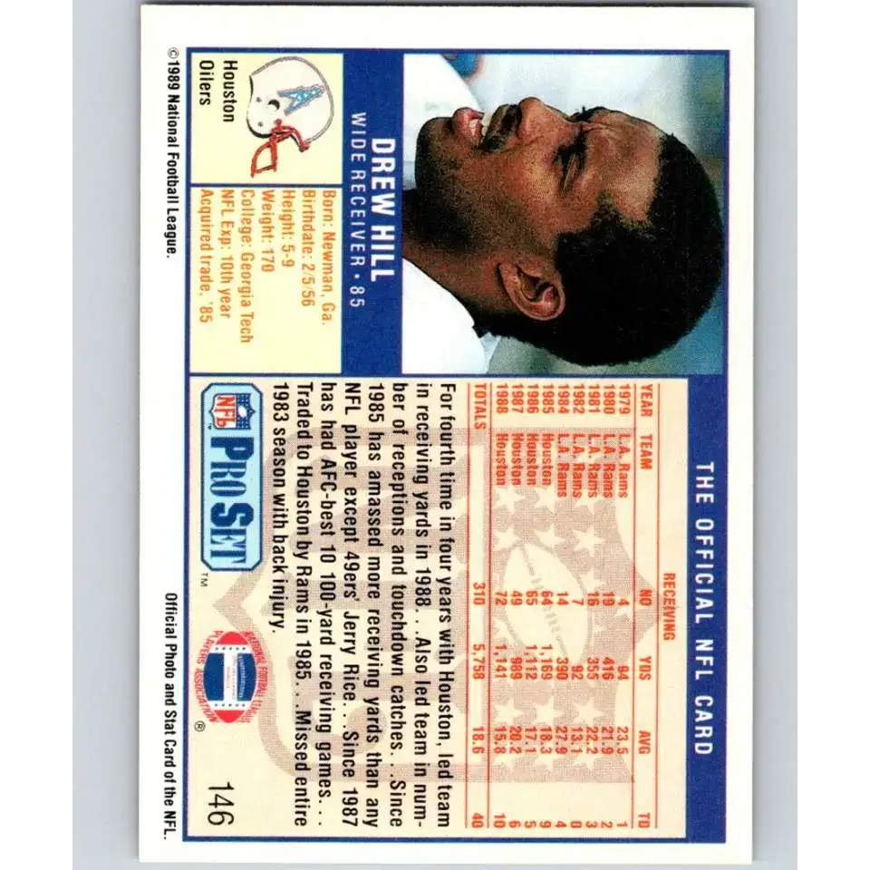 1989 Pro Set #146 Drew Hill NM-MT Houston Oilers Football Card - Football Card Single