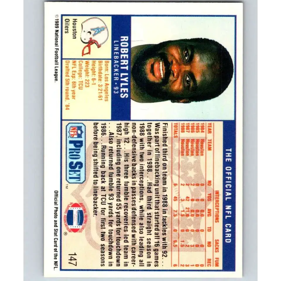 1989 Pro Set #147 Robert Lyles NM-MT Houston Oilers Football Card - Football Card Single
