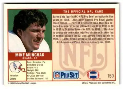 Back of a Mike Munchak 1989 Pro Set football card featuring Houston Oilers player