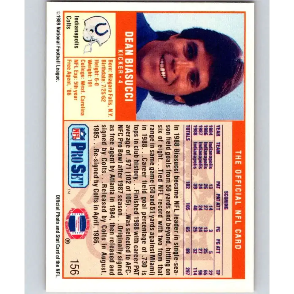 1989 Pro Set #156 Dean Biasucci NM-MT Indianapolis Colts Football Card - Football Card Single