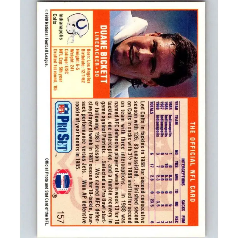 1989 Pro Set #157 Duane Bickett NM-MT Indianapolis Colts Football Card - Football Card Single