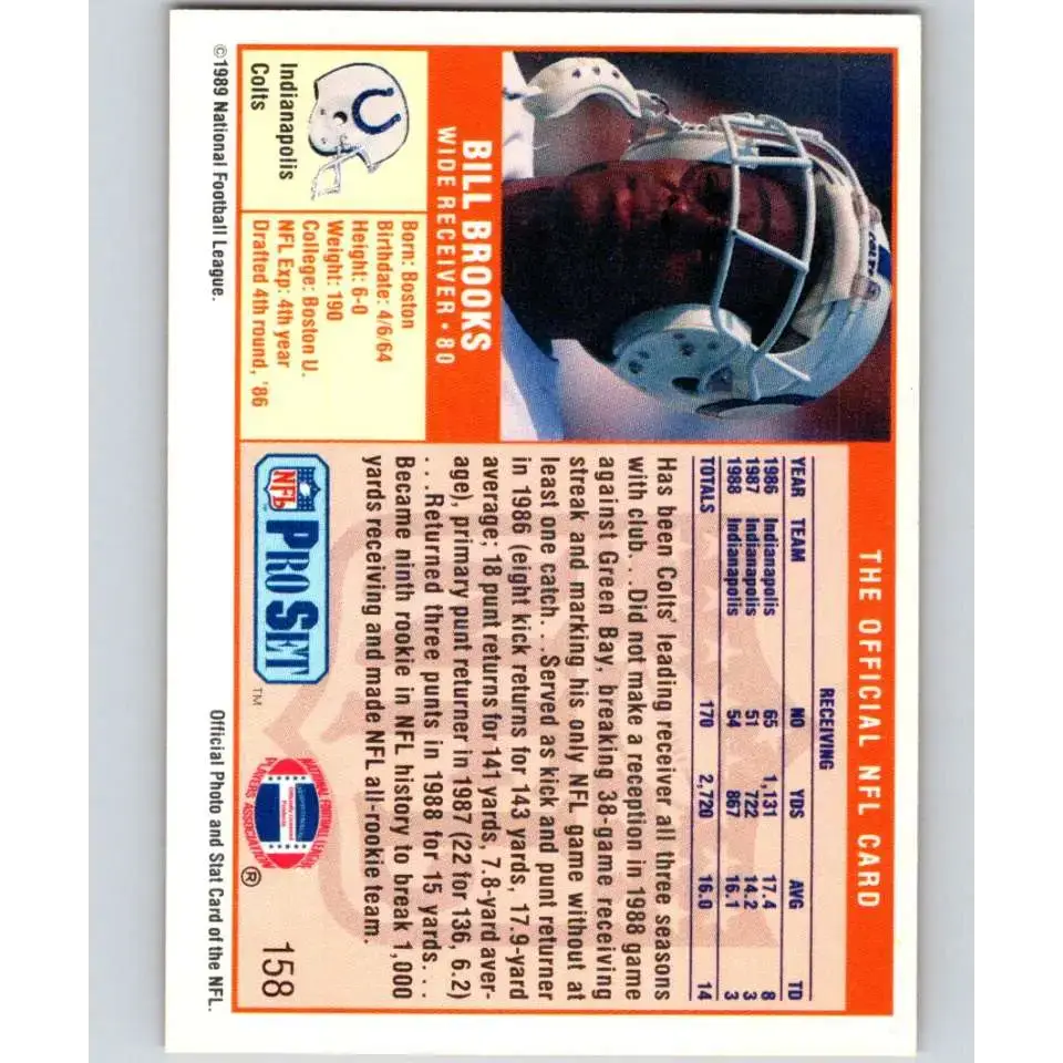 1989 Pro Set #158 Bill Brooks NM-MT Indianapolis Colts Football Card - Football Card Single