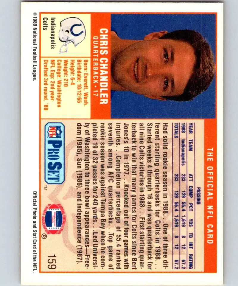 1989 Pro Set #159 Chris Chandler EX Excellent RC Rookie Indianapolis Colts Football Card - Football Card Single