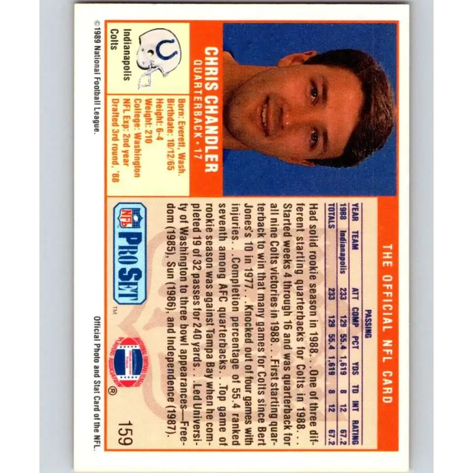 1989 Pro Set #159 Chris Chandler NM-MT RC Rookie Indianapolis Colts Football Card - Football Card Single