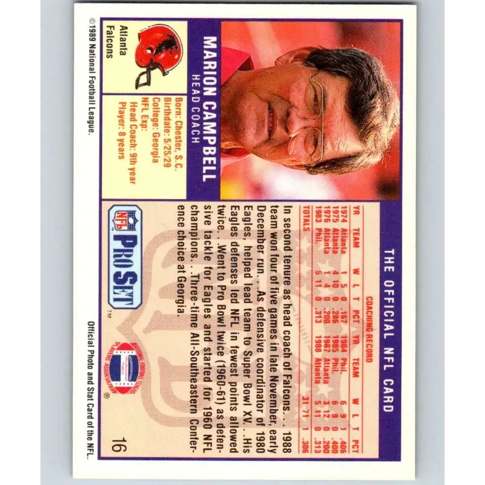 1989 Pro Set #16 Marion Campbell CO NM-MT Atlanta Falcons Football Card - Football Card Single