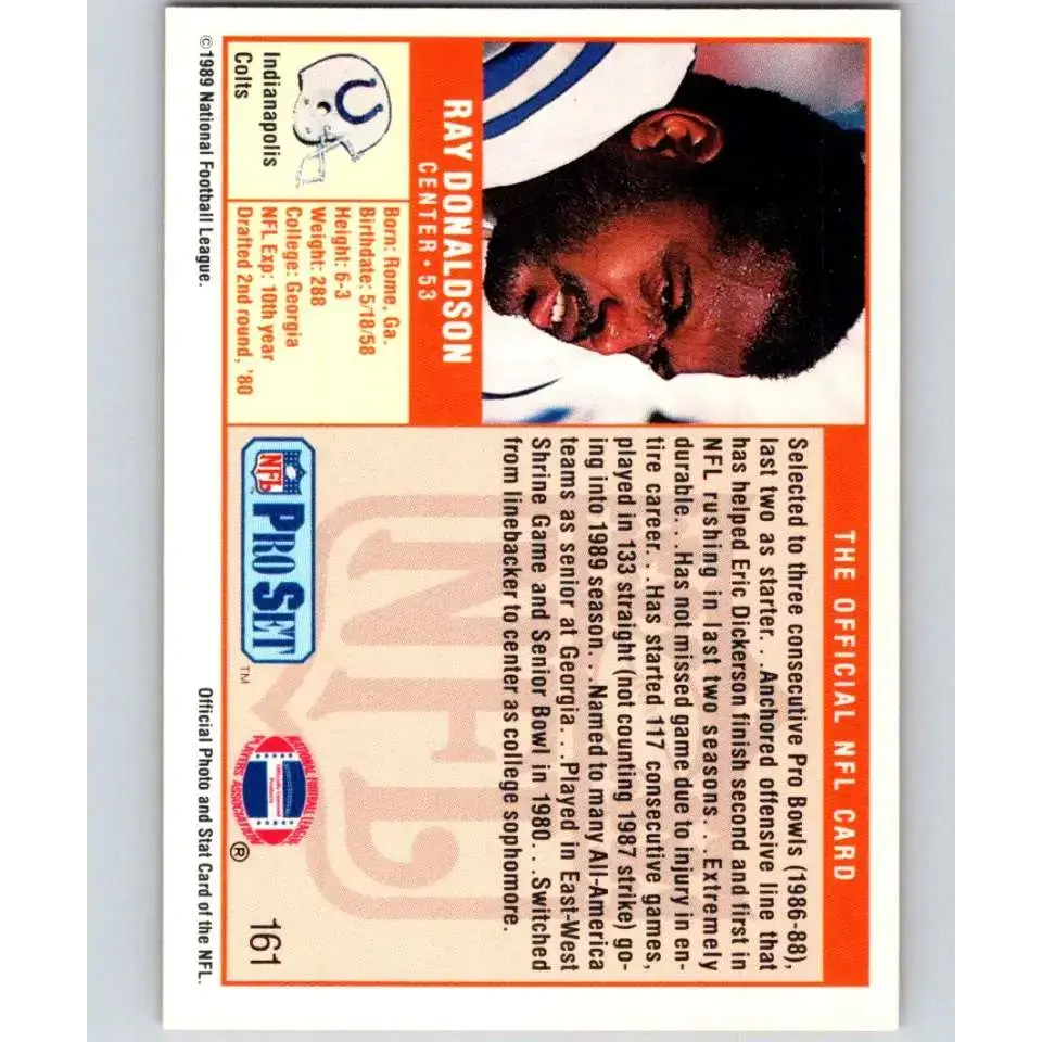 1989 Pro Set #161 Ray Donaldson NM-MT Indianapolis Colts Football Card - Football Card Single