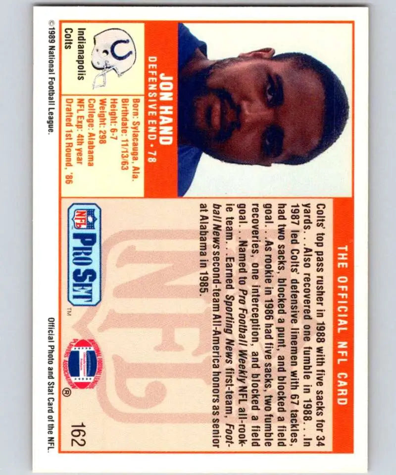 1989 Pro Set #162 Jon Hand EX Excellent Indianapolis Colts Football Card - Football Card Single