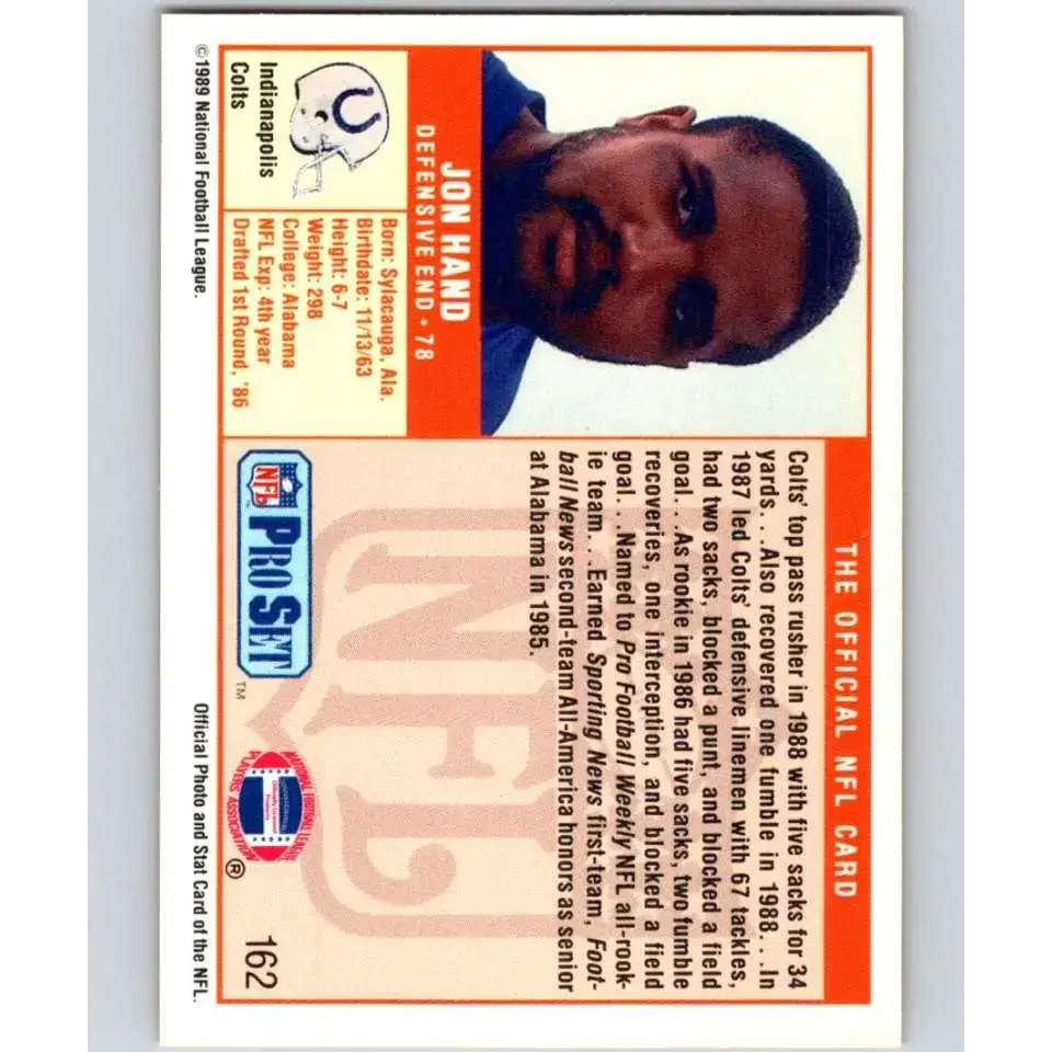 1989 Pro Set #162 Jon Hand NM-MT Indianapolis Colts Football Card - Football Card Single