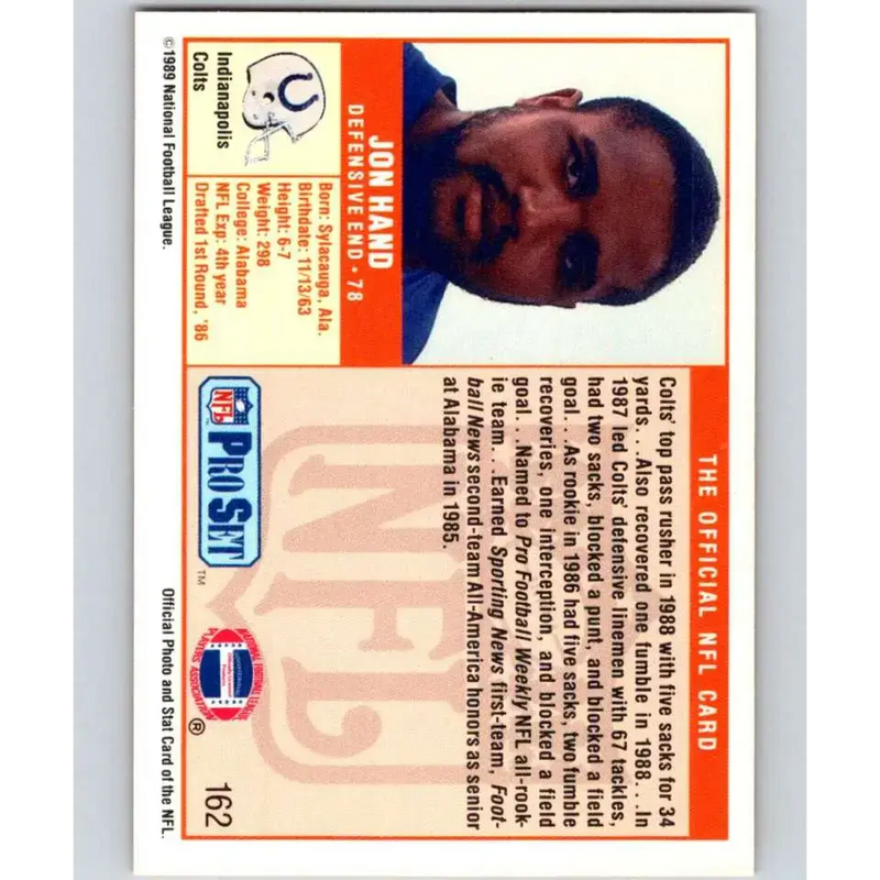 1989 Pro Set #162 Jon Hand NM-MT Indianapolis Colts Football Card - Football Card Single