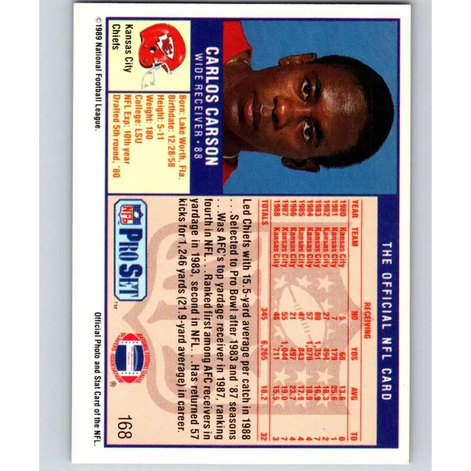 1989 Pro Set #168 Carlos Carson NM-MT Kansas City Chiefs Football Card - Football Card Single