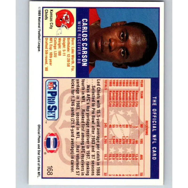 1989 Pro Set #168 Carlos Carson NM-MT Kansas City Chiefs Football Card - Football Card Single
