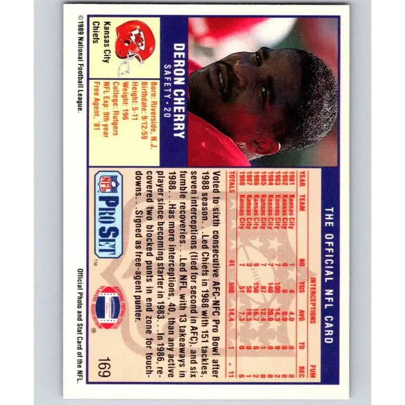 1989 Pro Set #169 Deron Cherry NM-MT Kansas City Chiefs Football Card - Football Card Single