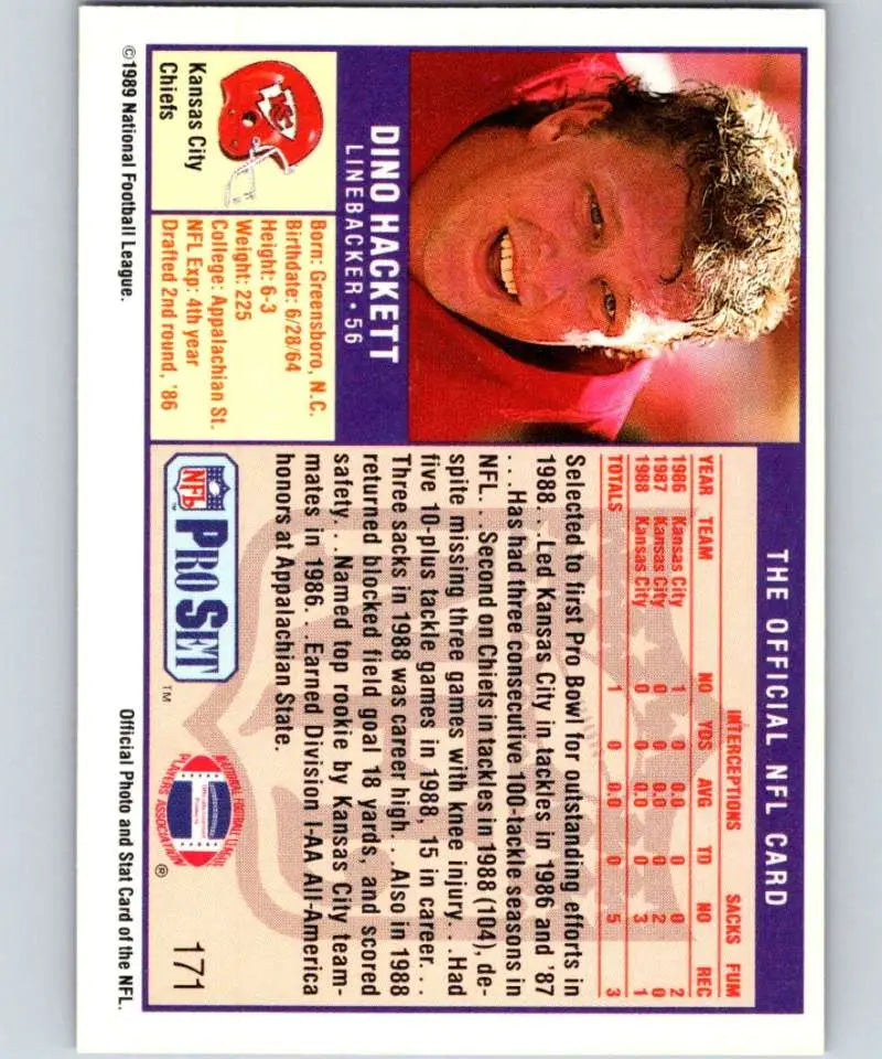 1989 Pro Set #171 Dino Hackett EX Excellent Kansas City Chiefs Football Card - Football Card Single
