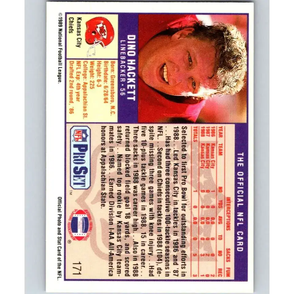 1989 Pro Set #171 Dino Hackett NM-MT Kansas City Chiefs Football Card