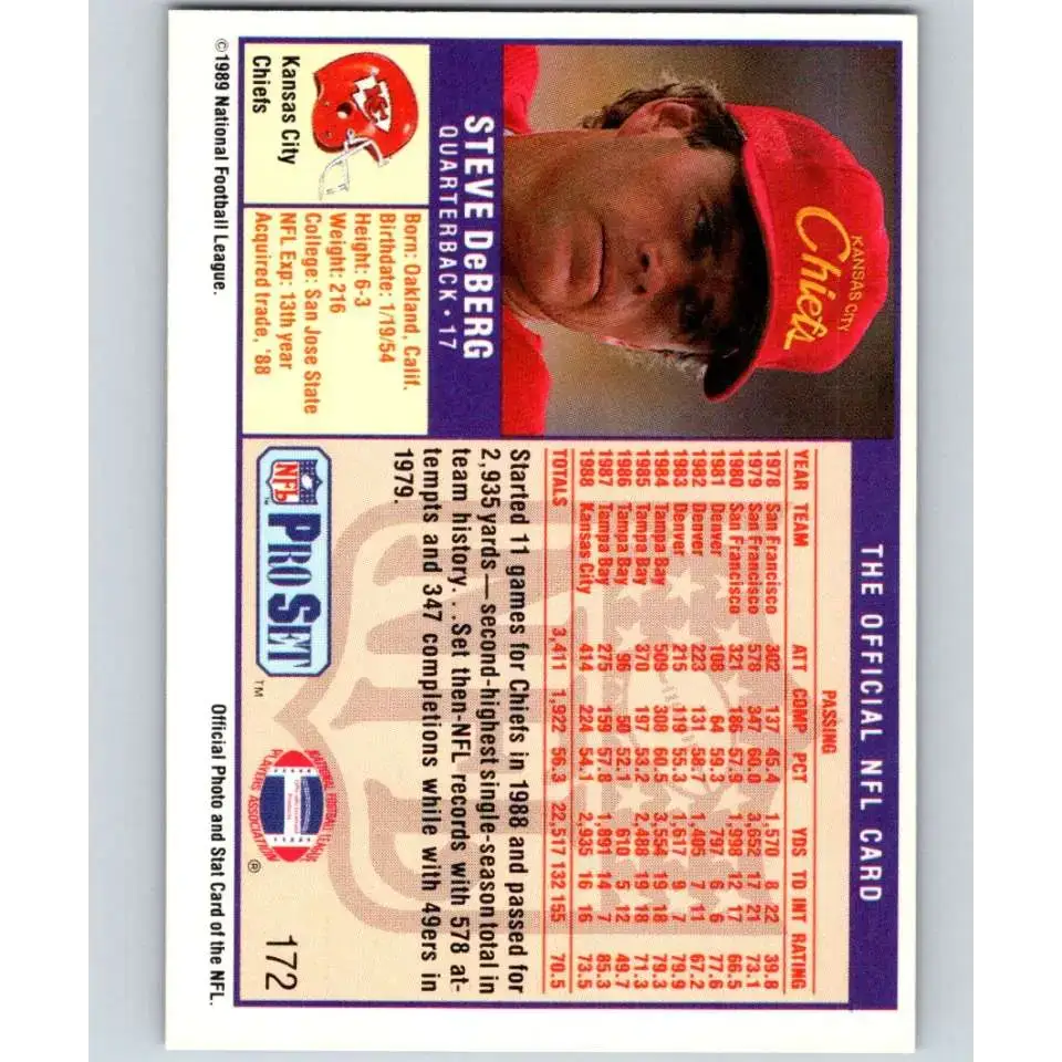 1989 Pro Set #172 Steve DeBerg NM-MT Kansas City Chiefs Football Card - Football Card Single