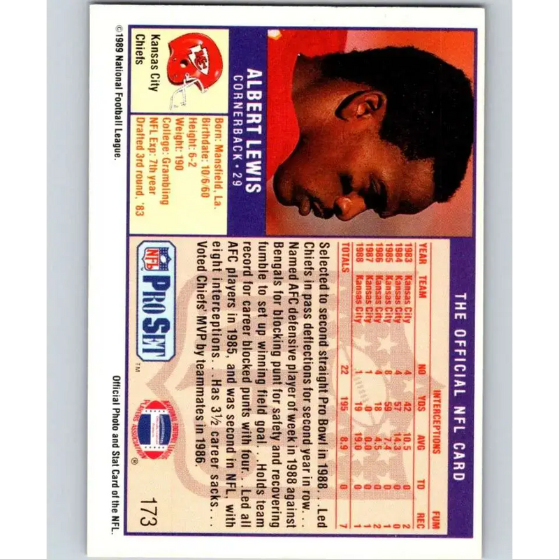 1989 Pro Set #173 Albert Lewis NM-MT Kansas City Chiefs Football Card - Football Card Single