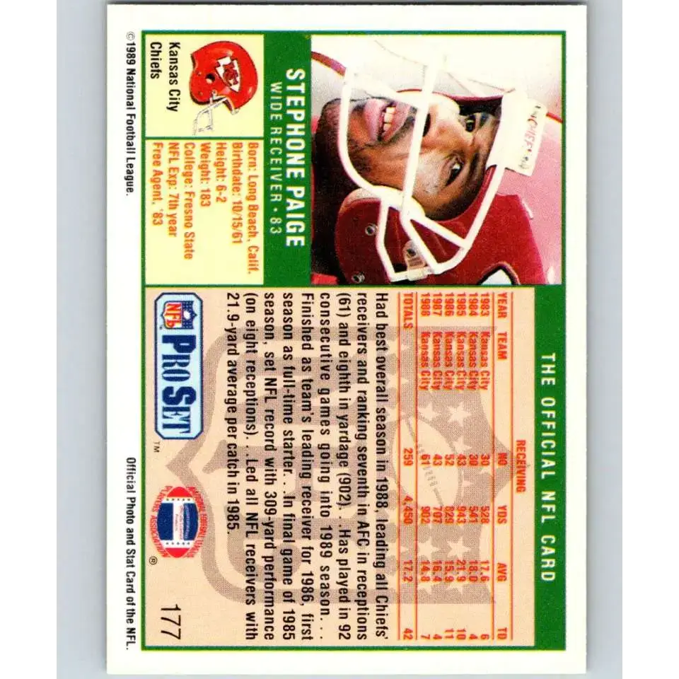 1989 Pro Set #177 Stephone Paige NM-MT Kansas City Chiefs Football Card - Football Card Single