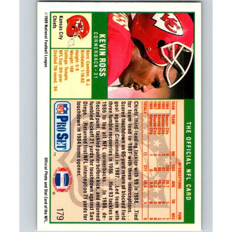 1989 Pro Set #179 Kevin Ross NM-MT RC Rookie Kansas City Chiefs Football Card - Football Card Single