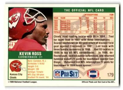 Reverse side of 1989 Pro Set Kevin Ross Kansas City Chiefs football trading card