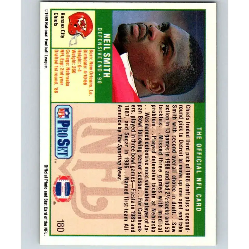 1989 Pro Set #180 Neil Smith NM-MT RC Rookie Kansas City Chiefs Football Card - Football Card Single