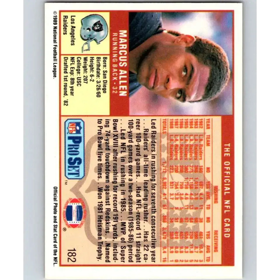 1989 Pro Set #182 Marcus Allen NM-MT Los Angeles Raiders Football Card - Football Card Single