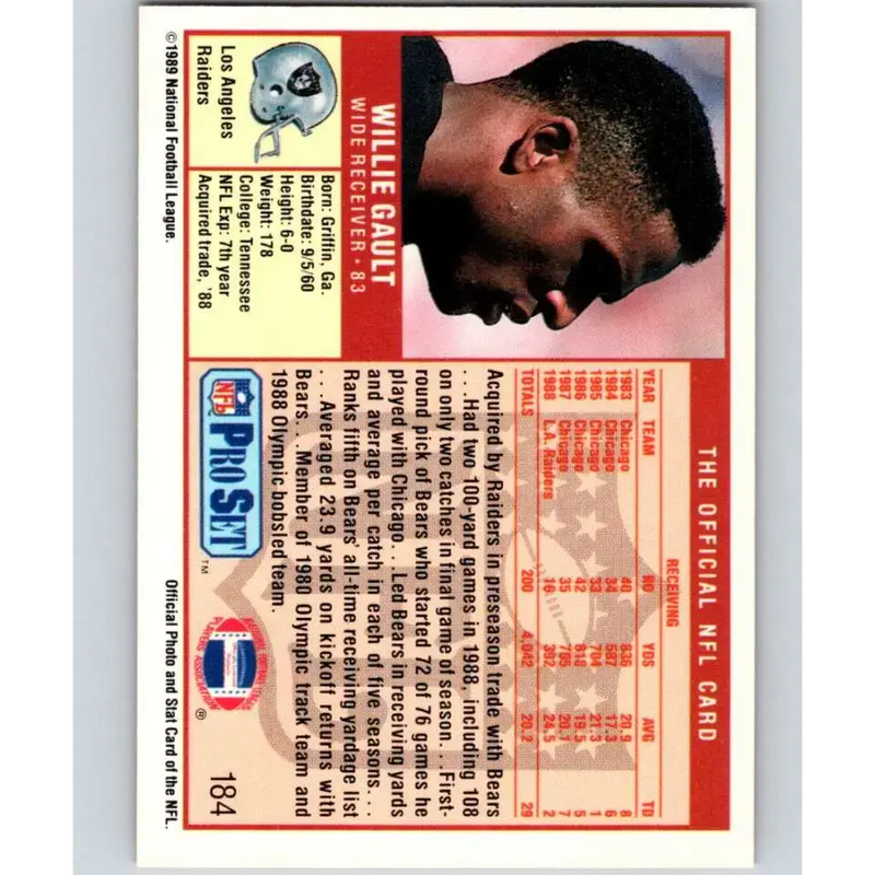 1989 Pro Set #184 Willie Gault NM-MT Los Angeles Raiders Football Card - Football Card Single