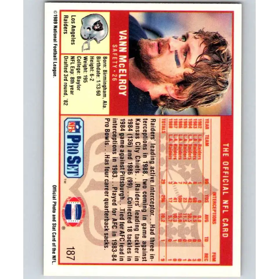 1989 Pro Set #187 Vann McElroy NM-MT Los Angeles Raiders Football Card - Football Card Single