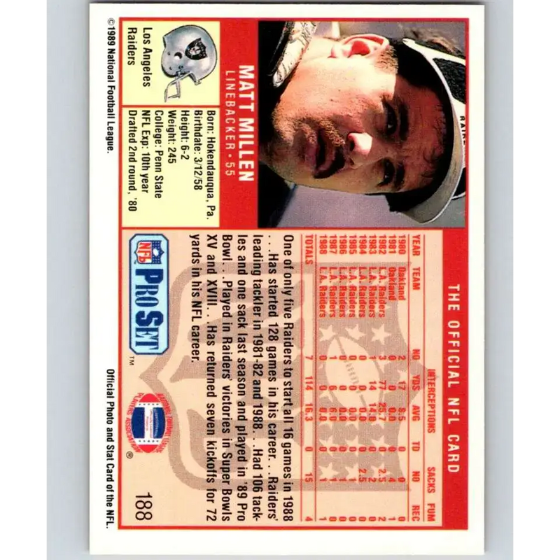 1989 Pro Set #188 Matt Millen NM-MT Los Angeles Raiders Football Card - Football Card Single