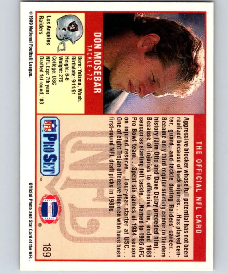 1989 Pro Set #189 Don Mosebar EX Excellent RC Rookie Los Angeles Raiders Football Card - Football Card Single