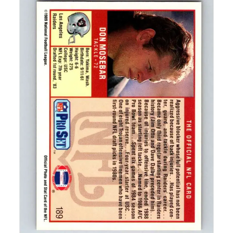 1989 Pro Set #189 Don Mosebar NM-MT RC Rookie Los Angeles Raiders Football Card - Football Card Single
