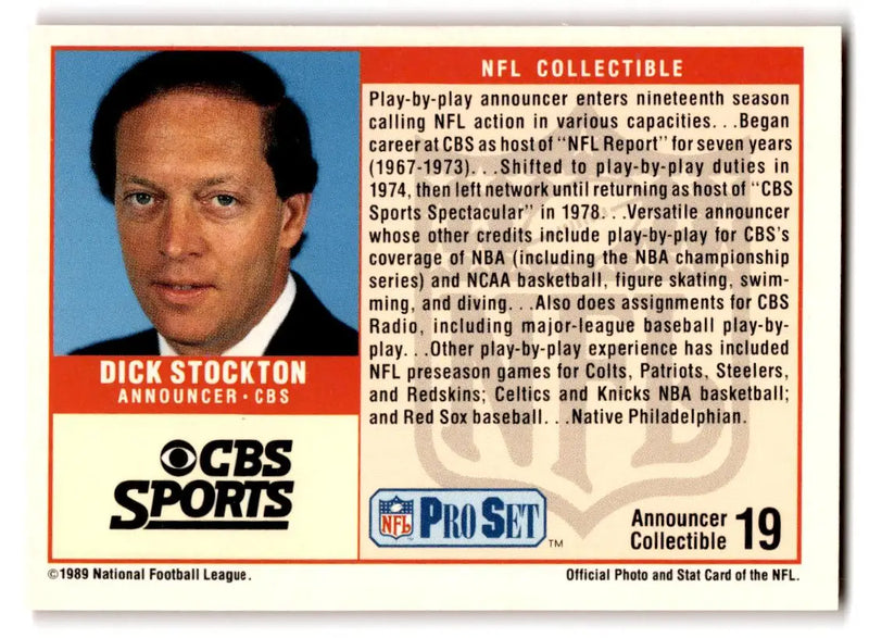 1989 Pro Set #19 Dick Stockton Announcer Collectibles - Football Card Single